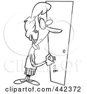 Royalty Free RF Clip Art Illustration Of A Cartoon Black And White Outline Design Of A Woman Holding A Broken Door Handle