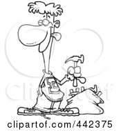 Royalty Free RF Clip Art Illustration Of A Cartoon Black And White Outline Design Of A Young Man With A Bag Of Hammers