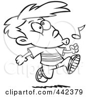 Royalty Free RF Clip Art Illustration Of A Cartoon Black And White Outline Design Of A Boy Walking And Whistling