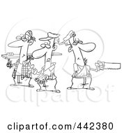 Cartoon Black And White Outline Design Of A Team Of Three Accident Prone Handy Men
