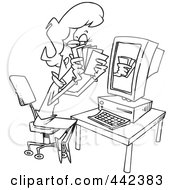Poster, Art Print Of Cartoon Black And White Outline Design Of A Woman Playing Poker Online