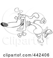 Royalty Free RF Clip Art Illustration Of A Cartoon Black And White Outline Design Of A Happy Dog Jumping