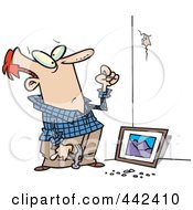Cartoon Man Trying To Hang A Picture On A Wall