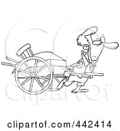 Cartoon Black And White Outline Design Of An Amish Man Pulling A Hand Cart