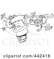 Poster, Art Print Of Cartoon Black And White Outline Design Of A Boy And A Monkey Hanging From A Tree Branch