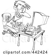 Poster, Art Print Of Cartoon Black And White Outline Design Of A Computer Hacking Man