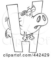Poster, Art Print Of Cartoon Black And White Outline Design Of A Hippo Squeezing Through A Letter H