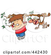 Cartoon Boy And A Monkey Hanging From A Tree Branch