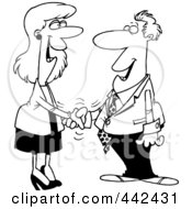 Royalty Free RF Clip Art Illustration Of A Cartoon Black And White Outline Design Of A Businessman And Woman Shaking Hands by toonaday