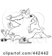 Royalty Free RF Clip Art Illustration Of A Cartoon Black And White Outline Design Of A Gator Picking His Teeth After Eating A Tourist