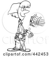 Poster, Art Print Of Cartoon Black And White Outline Design Of A Female Carpenter Holding A Saw And Tossing A Hammer