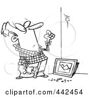 Poster, Art Print Of Cartoon Black And White Outline Design Of A Man Trying To Hang A Picture On A Wall