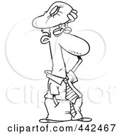 Royalty Free RF Clip Art Illustration Of A Cartoon Black And White Outline Design Of A Migraine Ridden Businessman Holding An Ice Pack To His Head