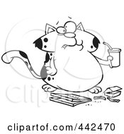 Poster, Art Print Of Cartoon Black And White Outline Design Of A Fat Cat Sipping Soda And Eating Fast Food