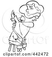 Royalty Free RF Clip Art Illustration Of A Cartoon Black And White Outline Design Of A Man Thinking Of His Teddy Bear by toonaday