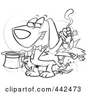 Royalty Free RF Clip Art Illustration Of A Cartoon Black And White Outline Design Of A Magician Dog Pulling A Cat Out Of A Hat