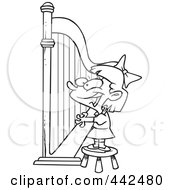 Royalty Free RF Clip Art Illustration Of A Cartoon Black And White Outline Design Of A Girl Playing A Harp by toonaday