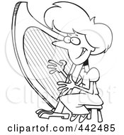 Royalty Free RF Clip Art Illustration Of A Cartoon Black And White Outline Design Of A Woman Playing A Harp