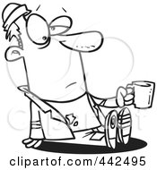 Poster, Art Print Of Cartoon Black And White Outline Design Of A Homeless Man Sitting And Holding A Cup