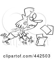 Cartoon Black And White Outline Design Of A Businesswoman Breaking Her Heel And Spilling Files