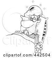 Royalty Free RF Clip Art Illustration Of A Cartoon Black And White Outline Design Of A Sick Man In Bed With An Ice Pack by toonaday
