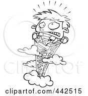 Royalty Free RF Clip Art Illustration Of A Cartoon Black And White Outline Design Of A Scared Boy On Top Of A Tower
