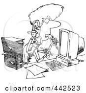 Cartoon Black And White Outline Design Of A Stressed Assistant Multi Tasking
