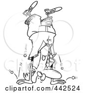 Poster, Art Print Of Cartoon Black And White Outline Design Of A Coins Falling Out Of A Businessmans Pocket As Hes Doing A Hand Stand