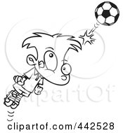 Poster, Art Print Of Cartoon Black And White Outline Design Of A Soccer Boy Bouncing A Ball Off His Head