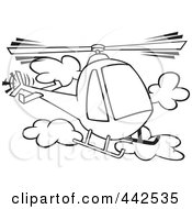 Royalty Free RF Clip Art Illustration Of A Cartoon Black And White Outline Design Of A Helicopter In The Clouds