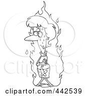 Cartoon Black And White Outline Design Of A Woman Experiencing A Hot Flash