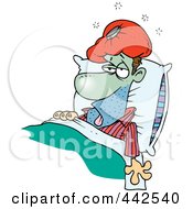 Cartoon Sick Man In Bed With An Ice Pack