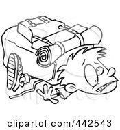Royalty Free RF Clip Art Illustration Of A Cartoon Black And White Outline Design Of A Boy Crushed Under A Heavy Hiking Backpack