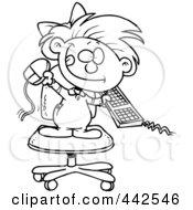 Poster, Art Print Of Cartoon Black And White Outline Design Of A Little Girl Attacking A Computer