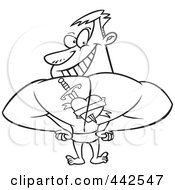 Royalty Free RF Clip Art Illustration Of A Cartoon Black And White Outline Design Of A Strong Man Showing Off The Heart Tattoo On His Back by toonaday