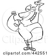 Royalty Free RF Clip Art Illustration Of A Cartoon Black And White Outline Design Of A Man Showing Off His Heart Tattoo On His Bicep by toonaday