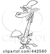 Royalty Free RF Clip Art Illustration Of A Cartoon Black And White Outline Design Of A Chef Giraffe Holding A Platter