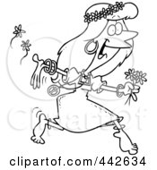 Royalty Free RF Clip Art Illustration Of A Cartoon Black And White Outline Design Of A Hippie Woman Running With Flowers by toonaday