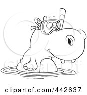 Poster, Art Print Of Cartoon Black And White Outline Design Of A Snorkeling Hippo
