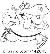 Poster, Art Print Of Cartoon Black And White Outline Design Of A Hippo Running