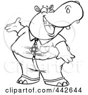 Royalty Free RF Clip Art Illustration Of A Cartoon Black And White Outline Design Of A Business Hippo Presenting