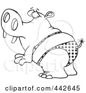 Poster, Art Print Of Cartoon Black And White Outline Design Of A Hippo In A Polka Dot Bikini