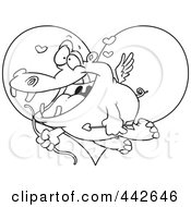 Royalty Free RF Clip Art Illustration Of A Cartoon Black And White Outline Design Of A Cupid Hippo Over A Heart