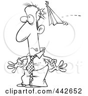 Royalty Free RF Clip Art Illustration Of A Cartoon Black And White Outline Design Of A Businessman Being Bonked With A Paper Plane