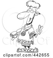 Royalty Free RF Clip Art Illustration Of A Cartoon Black And White Outline Design Of A Peaceful Hippie by toonaday