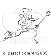 Poster, Art Print Of Cartoon Black And White Outline Design Of A Woman Swinging On A High Speed Internet Computer Mouse