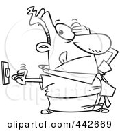 Royalty Free RF Clip Art Illustration Of A Cartoon Black And White Outline Design Of An Uncertain Businessman Pushing A Button