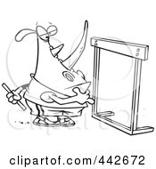 Royalty Free RF Clip Art Illustration Of A Cartoon Black And White Outline Design Of A Rhino Staring At A Hurdle by toonaday