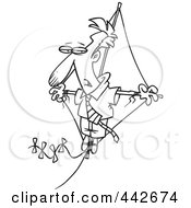 Poster, Art Print Of Cartoon Black And White Outline Design Of A Businessman Flying High On A Kite