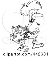 Cartoon Black And White Outline Design Of A Female Hillbilly Carrying A Pig
